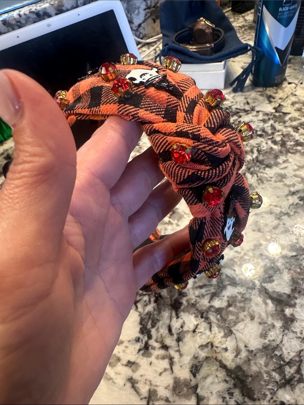 Plaid Knotted Headband with Red-Gold Crystal Studs - Orange Black